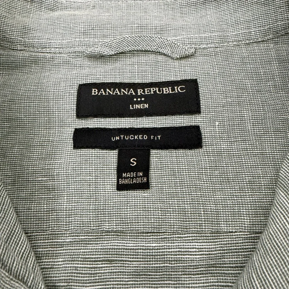 Banana Republic Shirt Men Small Green Check Linen Band Collar Button Up Untucked